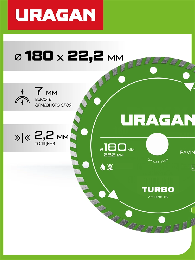 URAGAN TURBO 180 мм, диск алмазный отрезной сегментированный (36706-180) zb  36706-180
