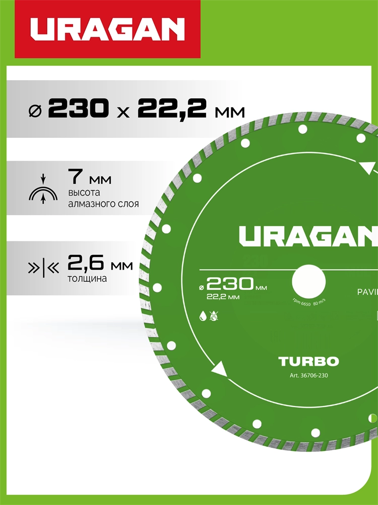 URAGAN TURBO 230 мм, диск алмазный отрезной сегментированный (36706-230) zb  36706-230