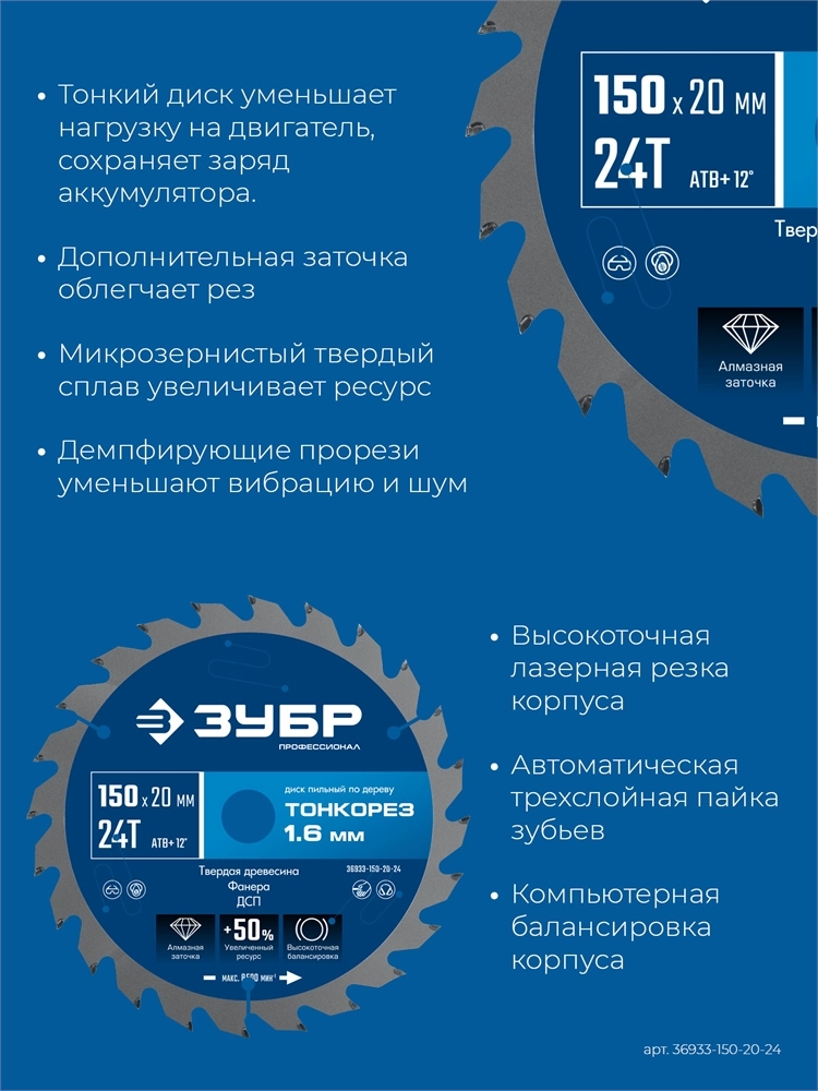 ЗУБР Тонкорез 150х20 x 1.6 мм, 24Т, диск пильный по дереву, тонкий рез, Профессионал (36933-150-20-24) zb  36933-150-20-24