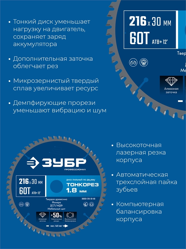 ЗУБР Тонкорез 216х30 x 1.8 мм, 60Т, диск пильный по дереву, тонкий рез, Профессионал (36933-216-30-80) zb  36933-216-30-60