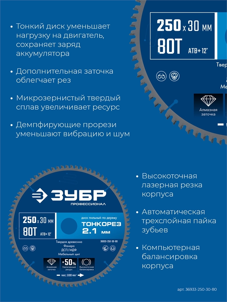 ЗУБР Тонкорез 250х30 x 2.1 мм, 80Т, диск пильный по дереву тонкий рез, Профессионал (36933-250-30-80) zb  36933-250-30-80