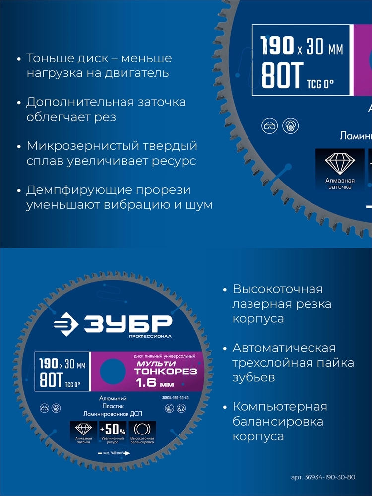 ЗУБР Мульти Тонкорез 190х30 x 1.6 мм, 80Т, диск пильный универсальный, тонкий рез, Профессионал (36934-190-30-80) zb  36934-190-30-80