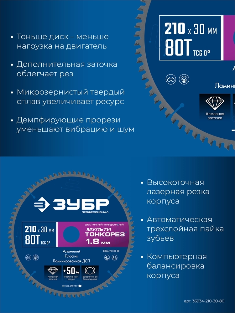ЗУБР Мульти Тонкорез 210х30 x 1.8 мм, 80Т, диск пильный универсальный, тонкий рез, Профессионал (36934-210-30-80) zb  36934-210-30-80