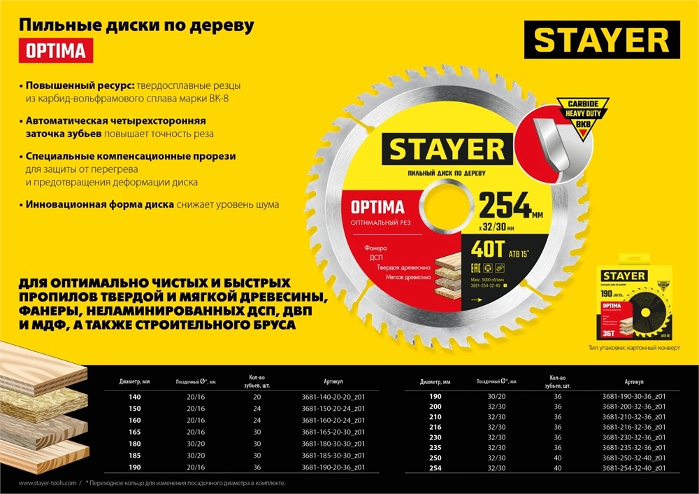 STAYER Optima, 254 x 32/30 мм, 40Т, оптимальный рез, пильный диск по дереву (3681-254-32-40) zb  3681-254-32-40_z01