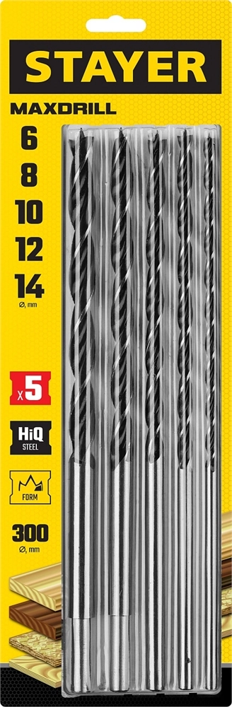 STAYER Maxdrill, 5 шт: 6-8-10-12-14 х 300 мм, набор сверл спиральных по дереву (2943-300-H5) zb  2943-300-h5_z01