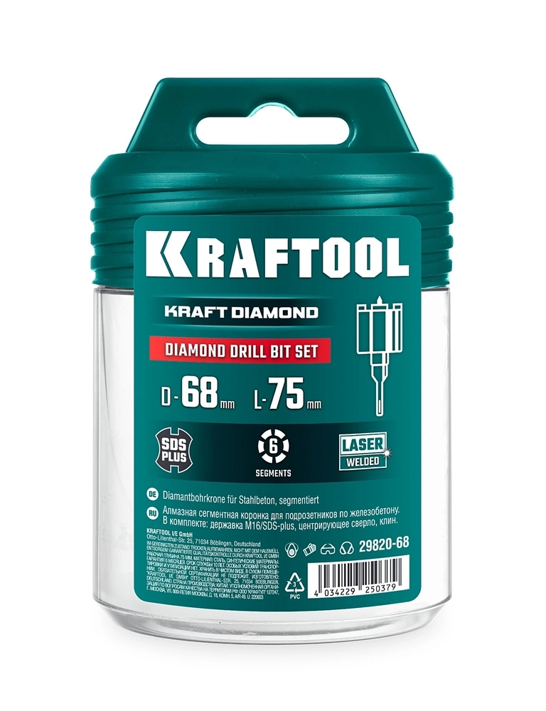KRAFTOOL DIAMOND d 68 мм (сухое сверление с микроударом, глубина сверления 75 мм, лазерная сварка), Алмазная Коронка для подрозетников (29820-68) zb  29820-68