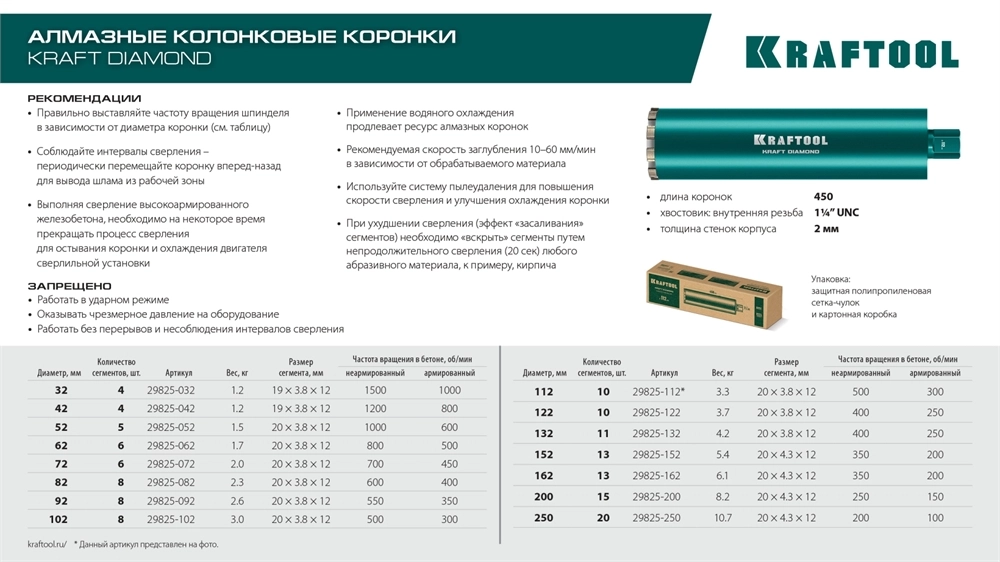 KRAFTOOL DIAMOND 102 мм (450 мм, 1 1/4″, лазерная сварка, сухое сверление с микроударом), алмазная коронка по железобетону (29825-102) zb  29825-102