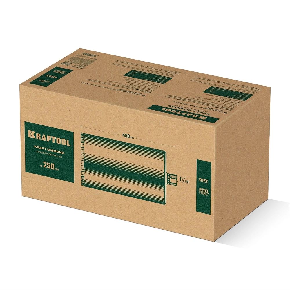 KRAFTOOL DIAMOND 250 мм (450 мм, 1 1/4″, лазерная сварка, сухое сверление с микроударом), алмазная коронка по железобетону (29825-250) zb  29825-250