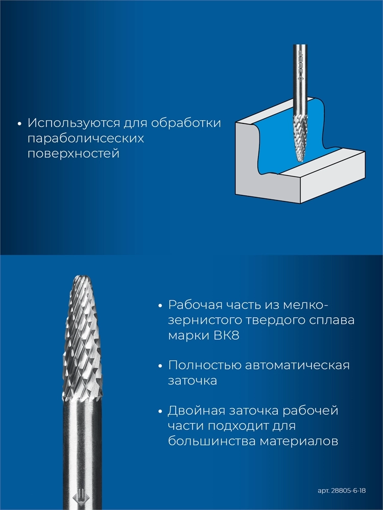 ЗУБР 6х18 мм, тип F (парабола с закругленным углом, радиус 1.5 мм), хв-к 6 мм, твердосплавная борфреза, ПРОФЕССИОНАЛ (28805-6-18) zb  28805-6-18