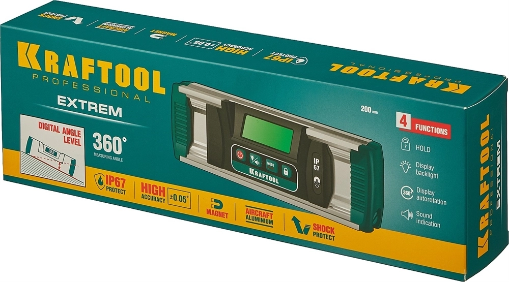 KRAFTOOL  EXTREM, 0 - 360°, точность 0.05°, HOLD, IP67, электронный уровень-уклономер (34686) 34686