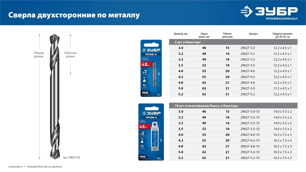 ЗУБР Проф-А 5.0х62мм, сверло двухстороннее по металлу, сталь Р6М5, класс А, 2шт, Профессионал (29627-5.0) zb  29627-5.0