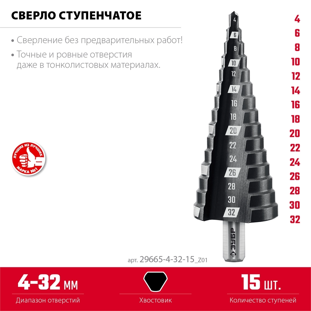 ЗУБР 4-32мм, 15 ступеней, сверло ступенчатое (29665-4-32-15) zb  29665-4-32-15_z01