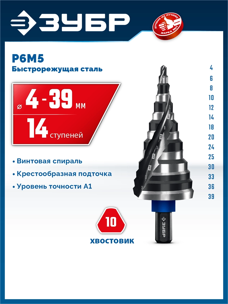 ЗУБР BLACK FORCE 4-39мм, 14 ступеней, винтовая проточка, сверло ступенчатое, ПРОФЕССИОНАЛ (29671-4-39-14) zb  29671-4-39-14
