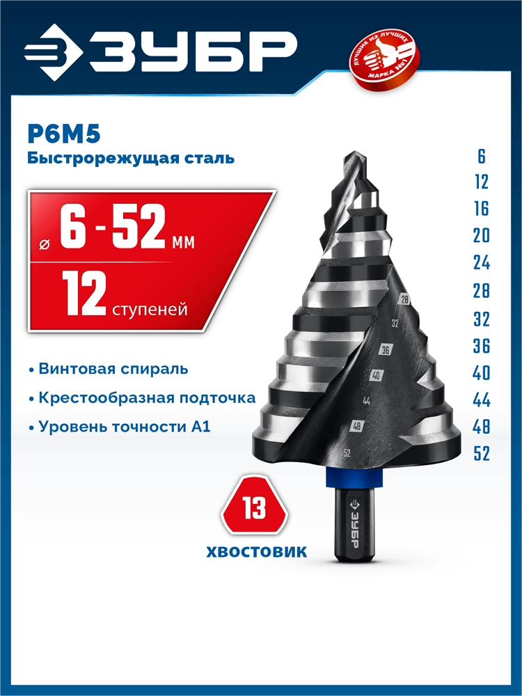 ЗУБР BLACK FORCE 6-52мм, 12 ступеней, винтовая проточка, сверло ступенчатое, ПРОФЕССИОНАЛ (29671-6-52-12) zb  29671-6-52-12