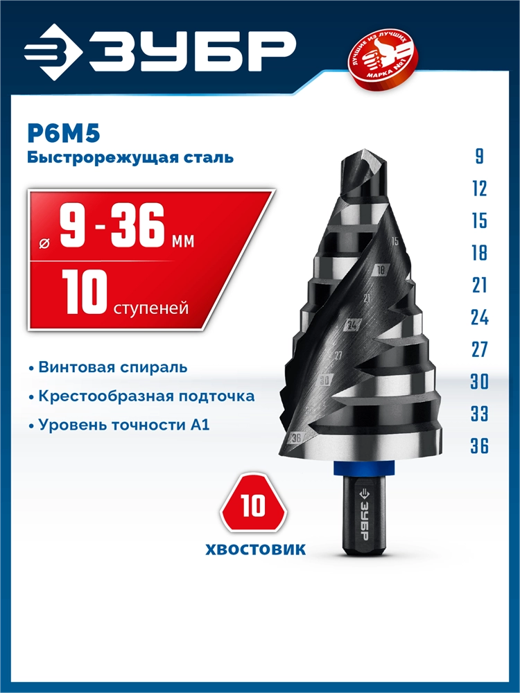 ЗУБР BLACK FORCE 9-36мм, 10 ступеней, винтовая проточка, сверло ступенчатое, ПРОФЕССИОНАЛ (29671-9-36-10) zb  29671-9-36-10