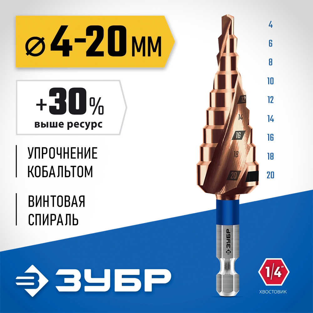 ЗУБР КОБАЛЬТ 4-20мм, 9 ступеней, винтовая проточка, сверло ступенчатое, серия Профессионал(29674-4-20-9) zb  29674-4-20-9