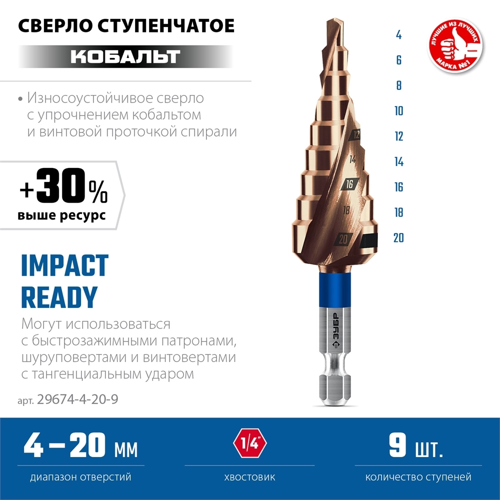 ЗУБР КОБАЛЬТ 4-20мм, 9 ступеней, винтовая проточка, сверло ступенчатое, серия Профессионал(29674-4-20-9) zb  29674-4-20-9
