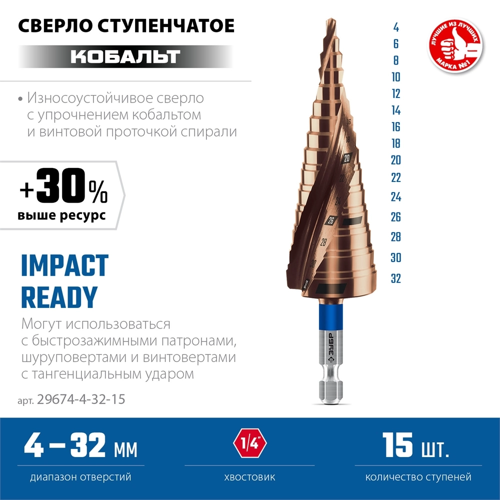 ЗУБР КОБАЛЬТ 4-32мм, 15 ступеней, винтовая проточка, сверло ступенчатое, ПРОФЕССИОНАЛ (29674-4-32-15) zb  29674-4-32-15