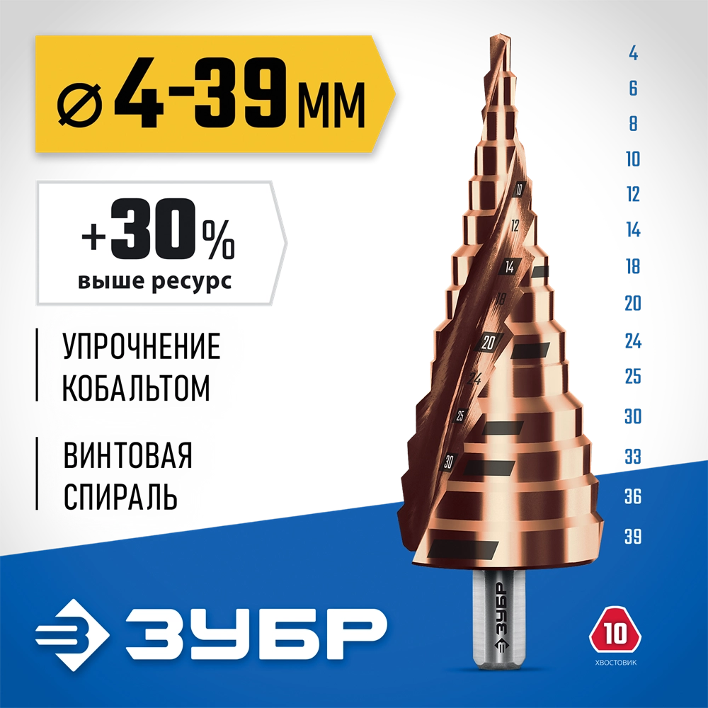 ЗУБР КОБАЛЬТ 4-39мм, 14 ступеней, винтовая проточка, сверло ступенчатое, серия Профессионал(29674-4-39-14) zb  29674-4-39-14