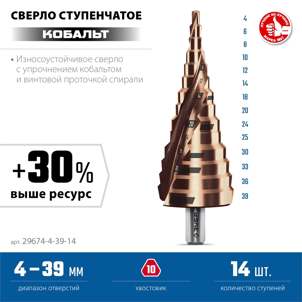ЗУБР КОБАЛЬТ 4-39мм, 14 ступеней, винтовая проточка, сверло ступенчатое, серия Профессионал(29674-4-39-14) zb  29674-4-39-14