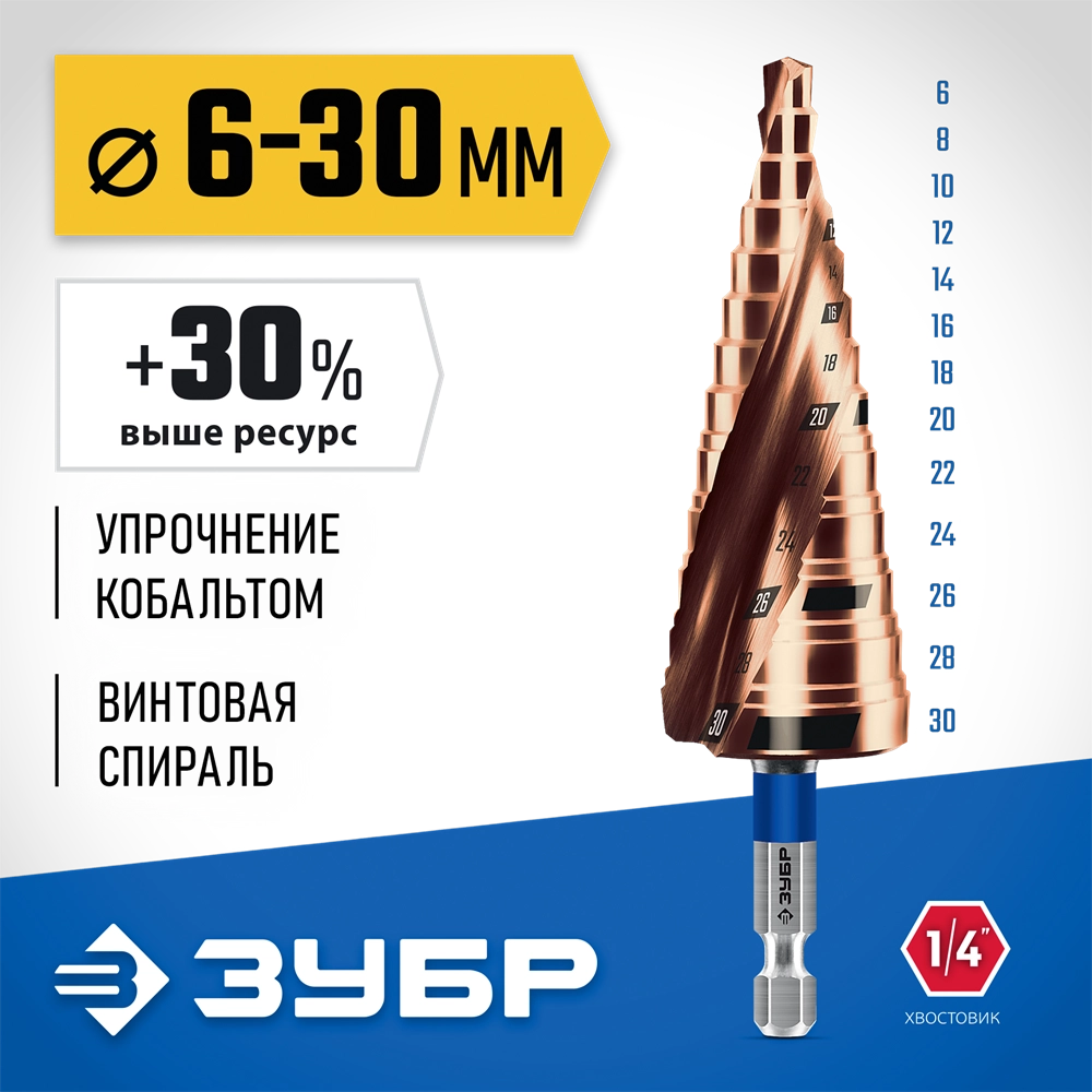 ЗУБР КОБАЛЬТ 6-30мм, 13 ступеней, винтовая проточка, сверло ступенчатое, ПРОФЕССИОНАЛ (29674-6-30-13) zb  29674-6-30-13