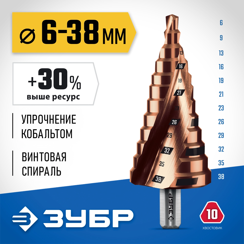 ЗУБР КОБАЛЬТ 6-38мм, 12 ступеней, винтовая проточка, сверло ступенчатое, ПРОФЕССИОНАЛ (29674-6-38-12) zb  29674-6-38-12