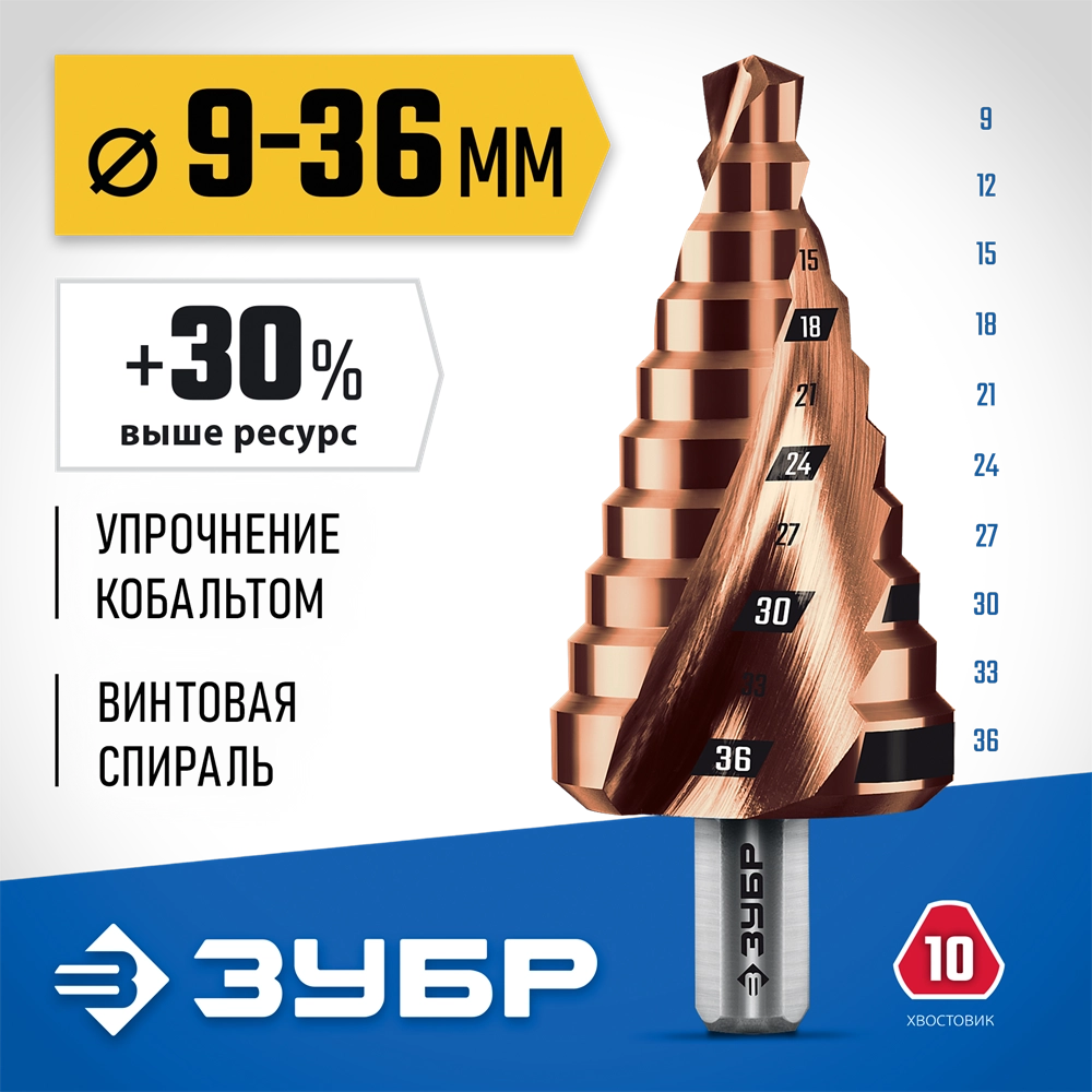 ЗУБР КОБАЛЬТ 9-36мм, 10 ступеней, винтовая проточка, сверло ступенчатое, ПРОФЕССИОНАЛ (29674-9-36-10) zb  29674-9-36-10