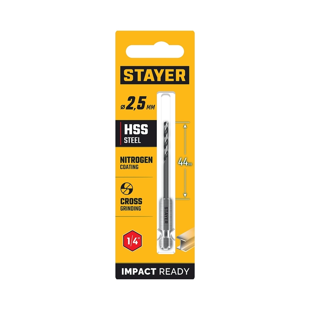 STAYER НЕХ-1/4″, d 2.5 х 79 мм, сверло по металлу для винтовёртов и шуруповертов IMPACT READY (29603-2.5) zb  29603-2.5