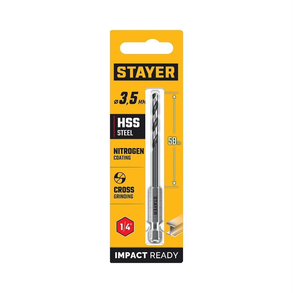 STAYER НЕХ-1/4″, d 3.5 х 93 мм, сверло по металлу для винтовёртов и шуруповертов IMPACT READY (29603-3.5) zb  29603-3.5