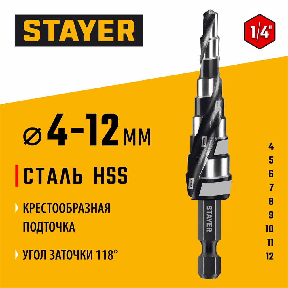 STAYER Pro-Max 4-12мм, 9 ступеней, винтовая спираль, сверло ступенчатое (29661-4-12-9) zb  29661-4-12-9