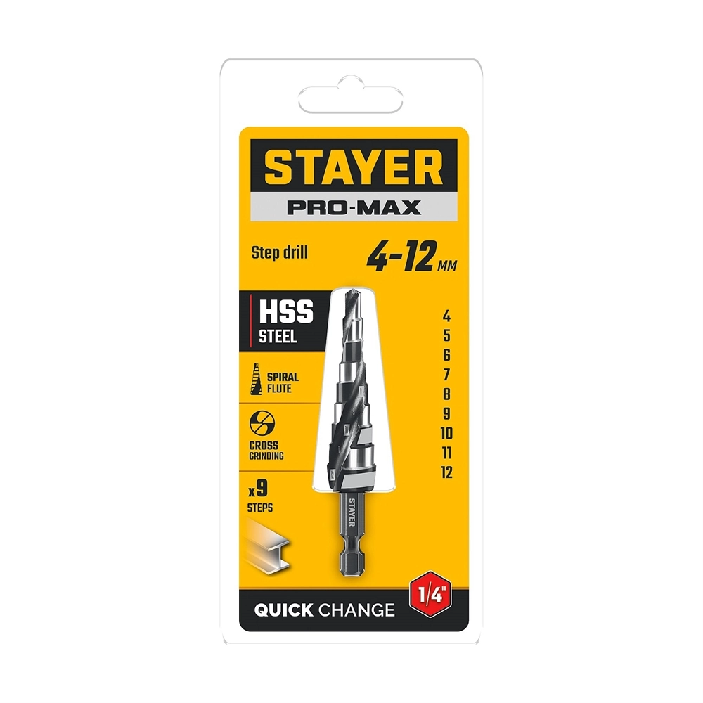 STAYER Pro-Max 4-12мм, 9 ступеней, винтовая спираль, сверло ступенчатое (29661-4-12-9) zb  29661-4-12-9