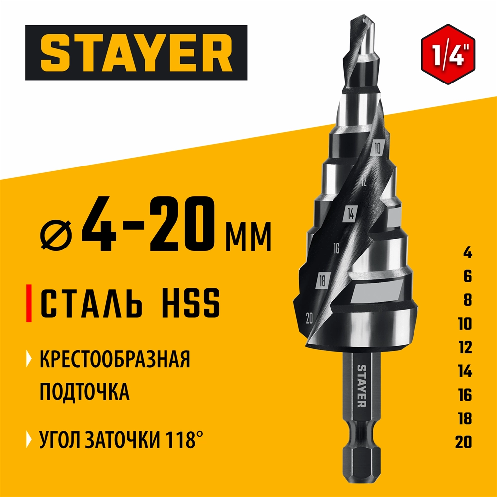 STAYER Pro-Max 4-20мм, 9 ступеней, винтовая спираль, сверло ступенчатое (29661-4-20-9) zb  29661-4-20-9