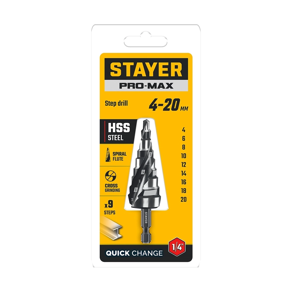 STAYER Pro-Max 4-20мм, 9 ступеней, винтовая спираль, сверло ступенчатое (29661-4-20-9) zb  29661-4-20-9
