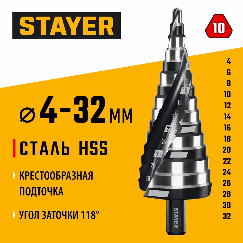 STAYER Pro-Max 4-32мм, 15 ступеней, винтовая спираль, сверло ступенчатое (29661-4-32-15) zb  29661-4-32-15