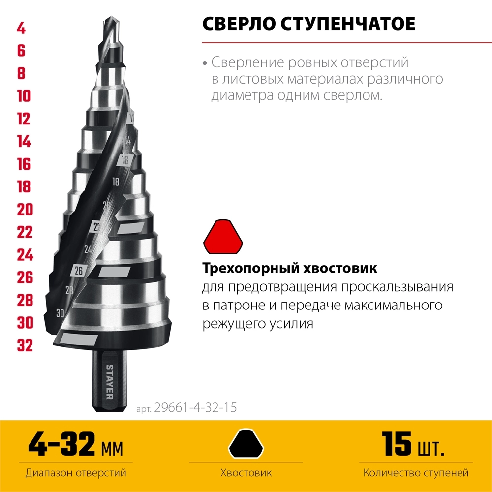 STAYER Pro-Max 4-32мм, 15 ступеней, винтовая спираль, сверло ступенчатое (29661-4-32-15) zb  29661-4-32-15