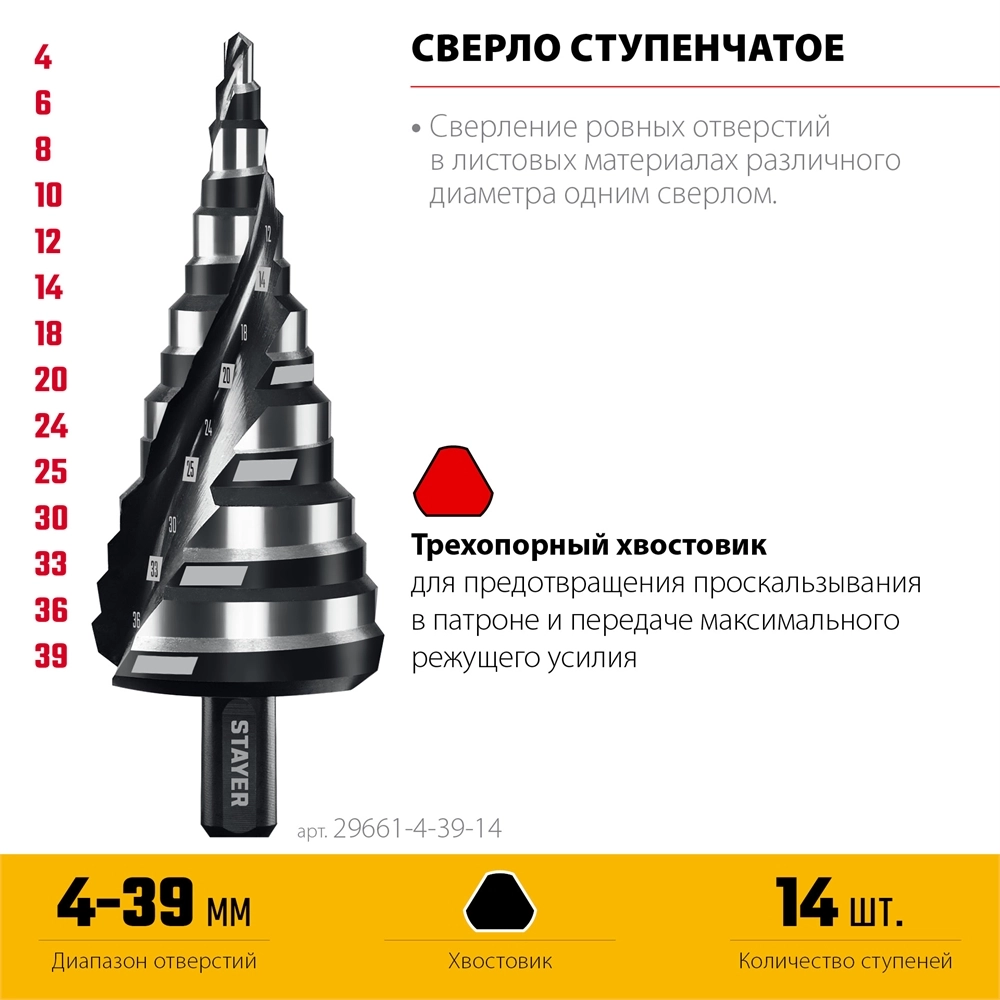 STAYER Pro-Max 4-39мм, 14 ступеней, винтовая спираль, сверло ступенчатое (29661-4-39-14) zb  29661-4-39-14
