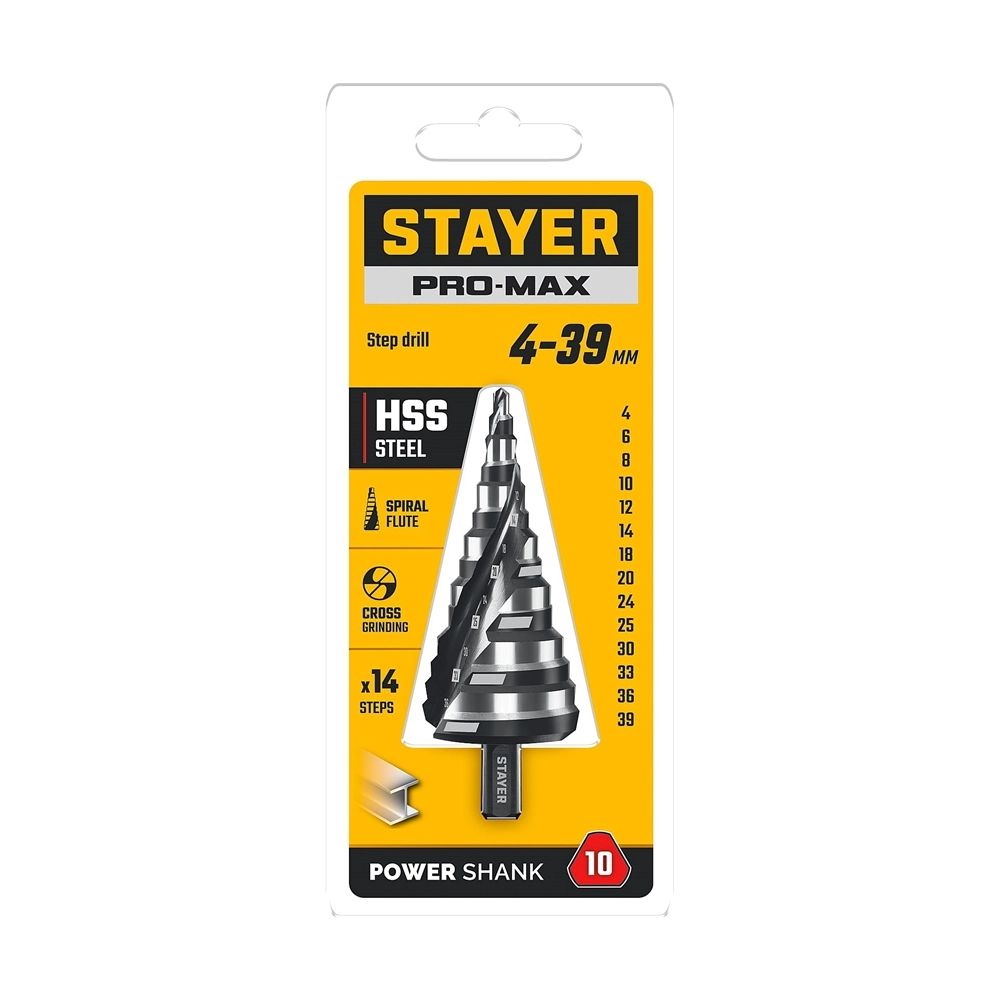 STAYER Pro-Max 4-39мм, 14 ступеней, винтовая спираль, сверло ступенчатое (29661-4-39-14) zb  29661-4-39-14