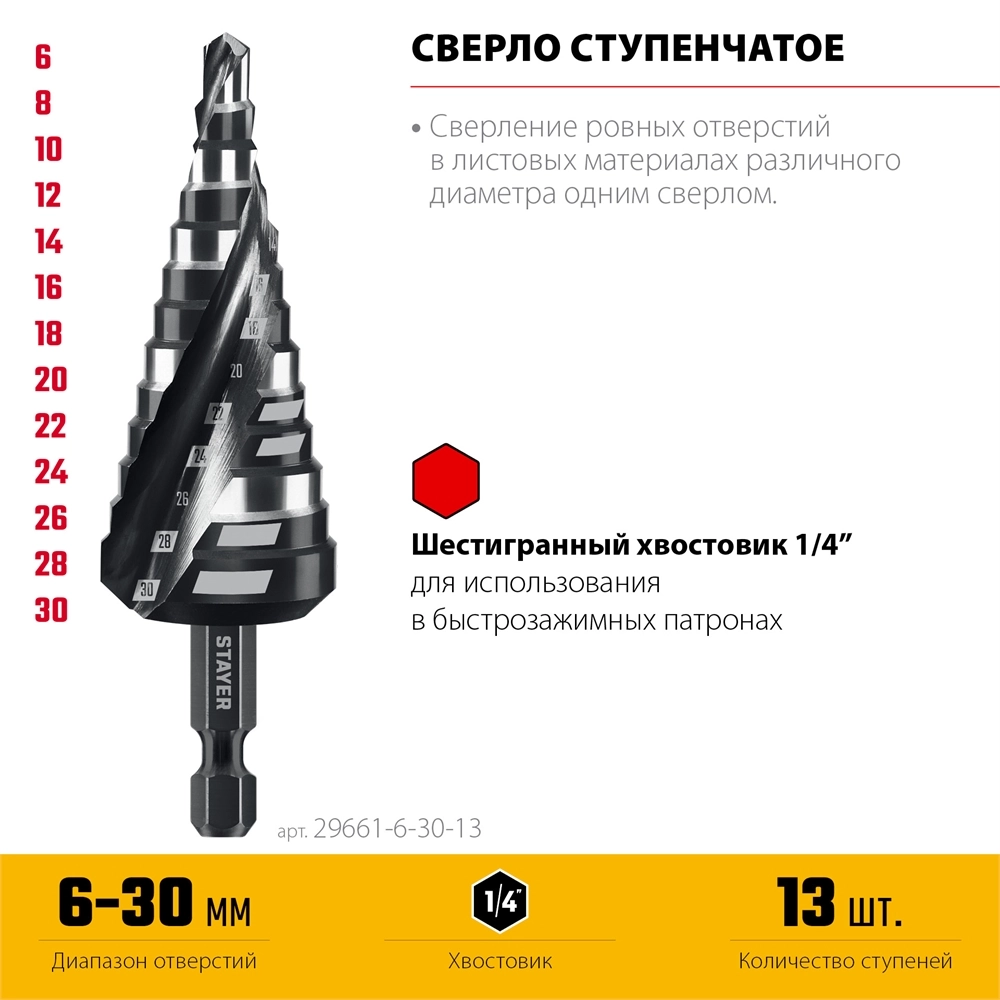 STAYER Pro-Max 6-30мм, 13 ступеней, винтовая спираль, сверло ступенчатое (29661-6-30-13) zb  29661-6-30-13