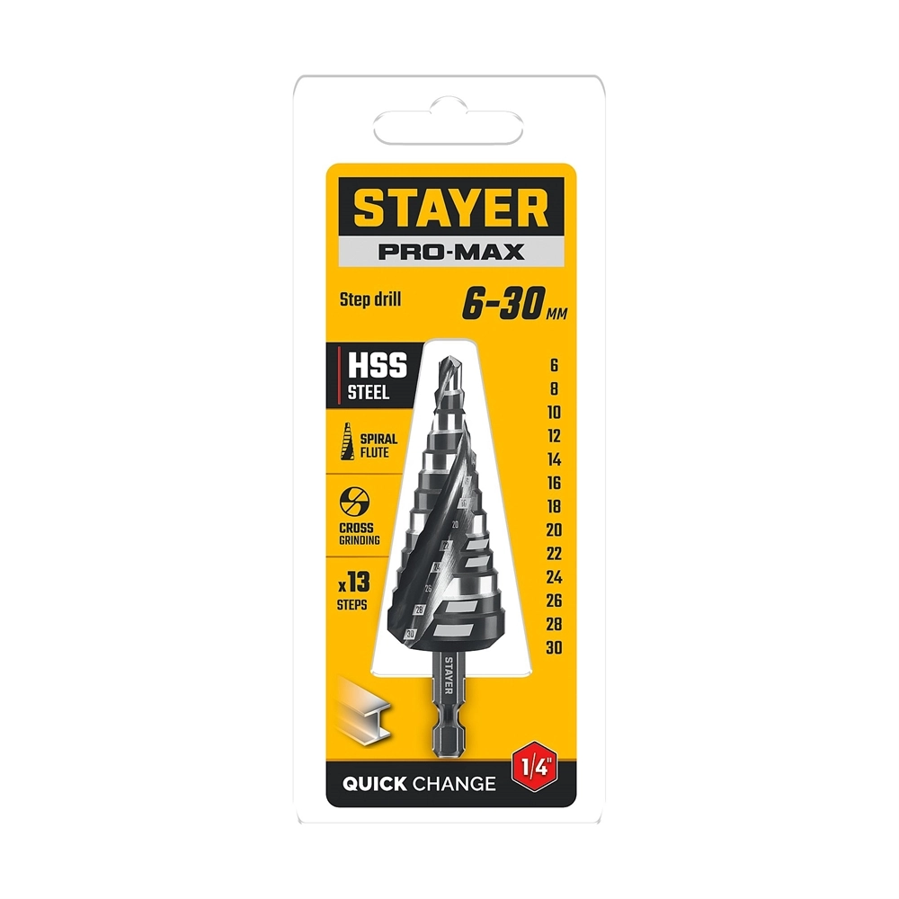 STAYER Pro-Max 6-30мм, 13 ступеней, винтовая спираль, сверло ступенчатое (29661-6-30-13) zb  29661-6-30-13