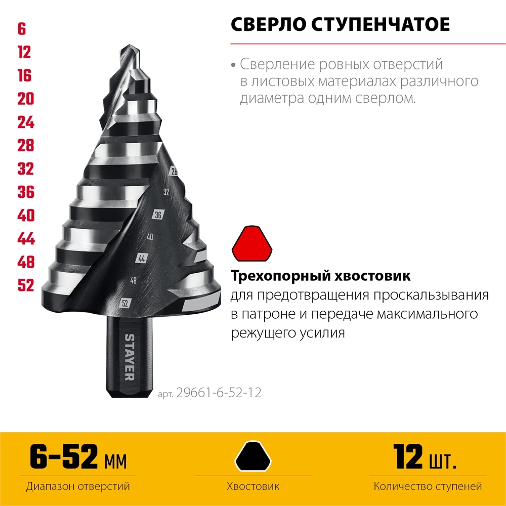 STAYER Pro-Max 6-52мм, 12 ступеней, винтовая спираль, сверло ступенчатое (29661-6-52-12) zb  29661-6-52-12
