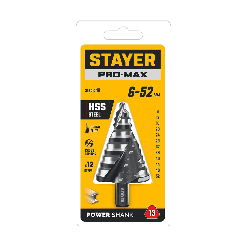 STAYER Pro-Max 6-52мм, 12 ступеней, винтовая спираль, сверло ступенчатое (29661-6-52-12) zb  29661-6-52-12
