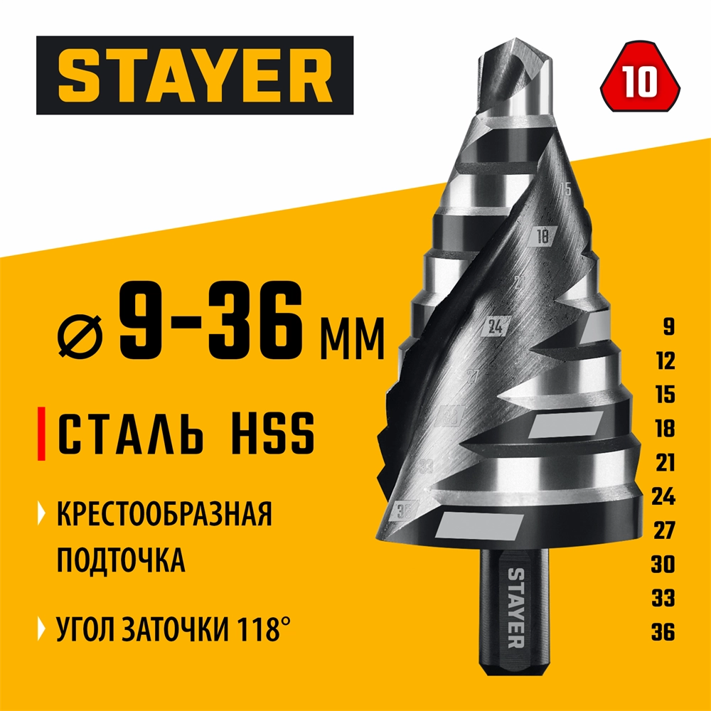 STAYER Pro-Max 9-36мм, 10 ступеней, винтовая спираль, сверло ступенчатое (29661-9-36-10) zb  29661-9-36-10