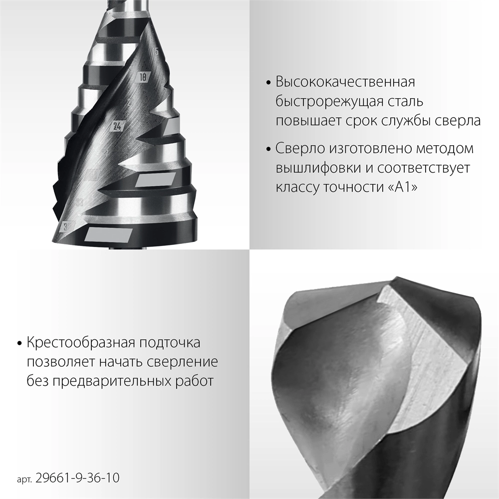STAYER Pro-Max 9-36мм, 10 ступеней, винтовая спираль, сверло ступенчатое (29661-9-36-10) zb  29661-9-36-10