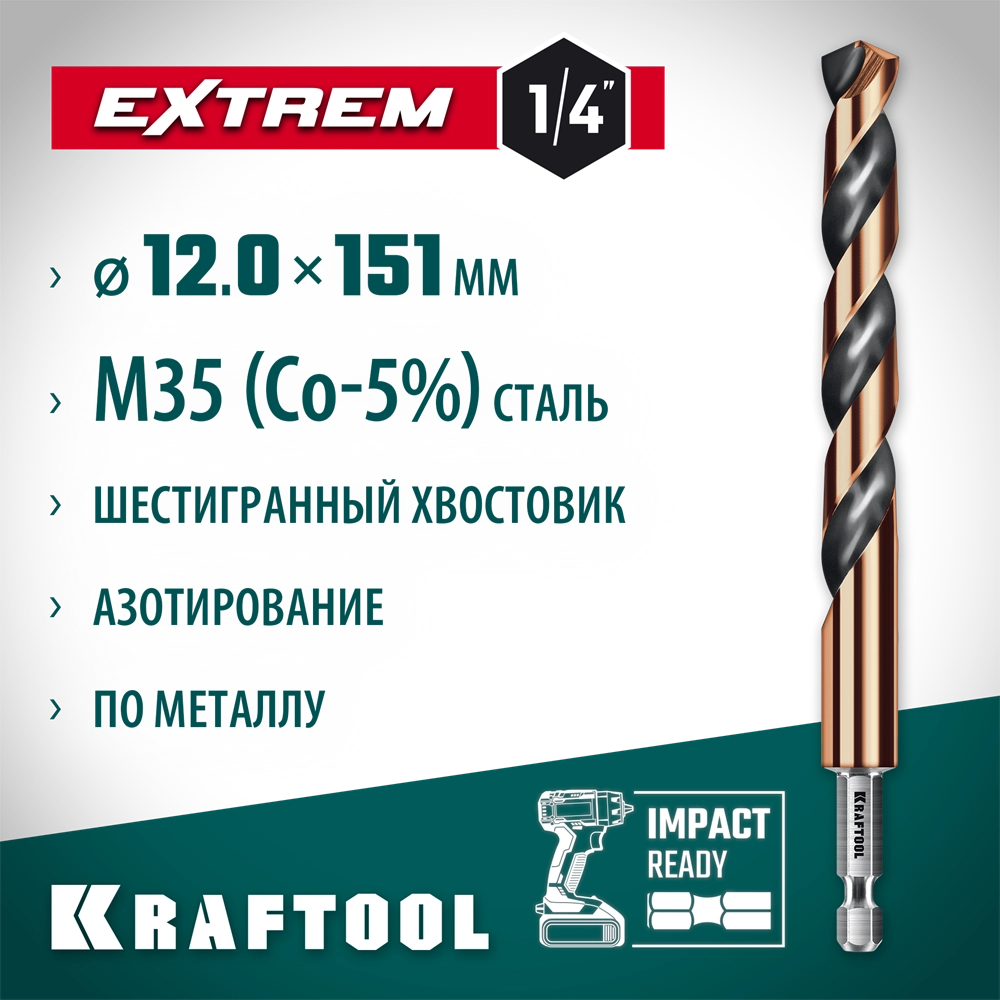 KRAFTOOL НЕХ-1/4″, d 12.0 х 151 мм, сверло по металлу для винтовёртов и шуруповертов IMPACT READY (29652-12) zb  29652-12