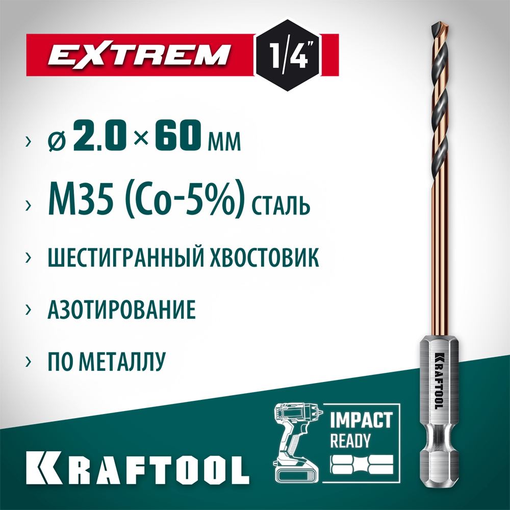 KRAFTOOL НЕХ-1/4″, d 2,0 х 60 мм, сверло по металлу для винтовёртов и шуруповертов IMPACT READY (29652-2) zb  29652-2