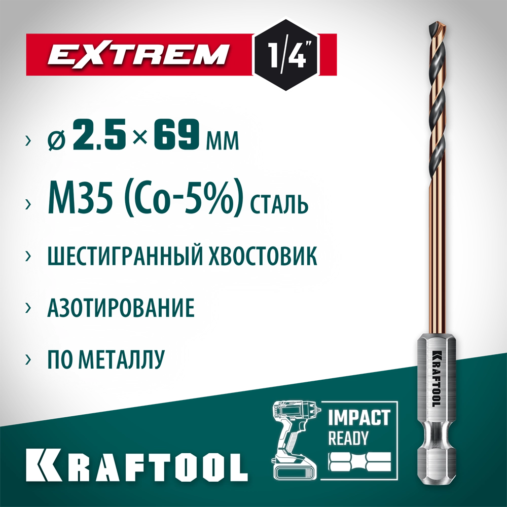 KRAFTOOL НЕХ-1/4″, d 2,5 х 69 мм, сверло по металлу для винтовёртов и шуруповертов IMPACT READY (29652-2.5) zb  29652-2.5