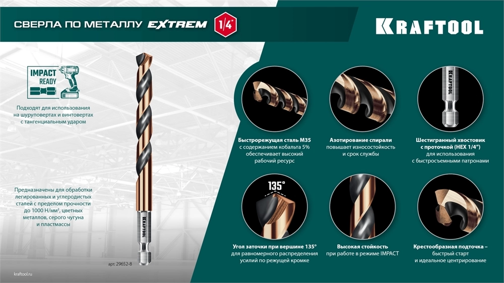 KRAFTOOL НЕХ-1/4″, d 2,5 х 69 мм, сверло по металлу для винтовёртов и шуруповертов IMPACT READY (29652-2.5) zb  29652-2.5