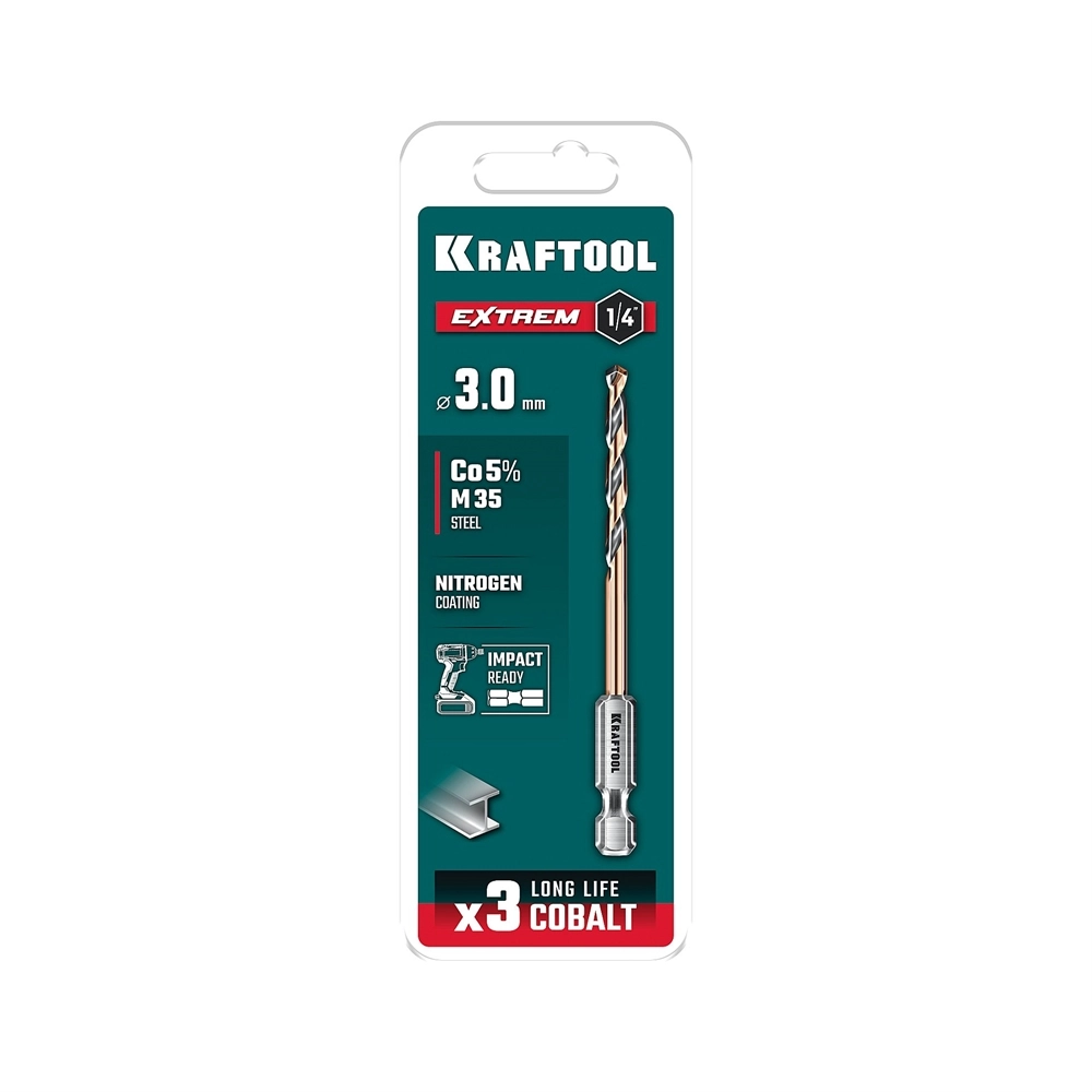 KRAFTOOL НЕХ-1/4″, d 3,0 х 72 мм, сверло по металлу для винтовёртов и шуруповертов IMPACT READY (29652-3) zb  29652-3