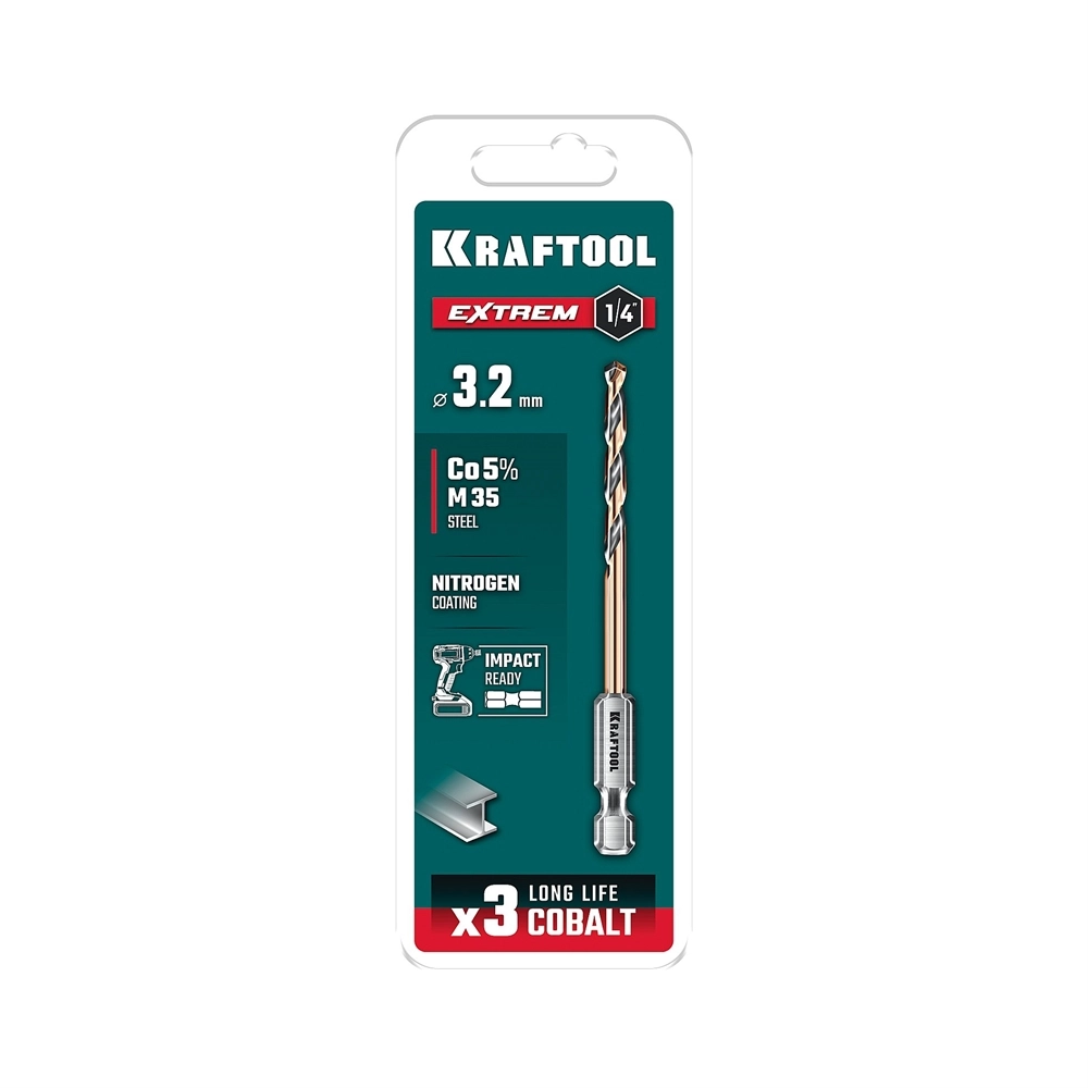 KRAFTOOL НЕХ-1/4″, d 3.2 х 75 мм, сверло по металлу для винтовёртов и шуруповертов IMPACT READY (29652-3.2) zb  29652-3.2