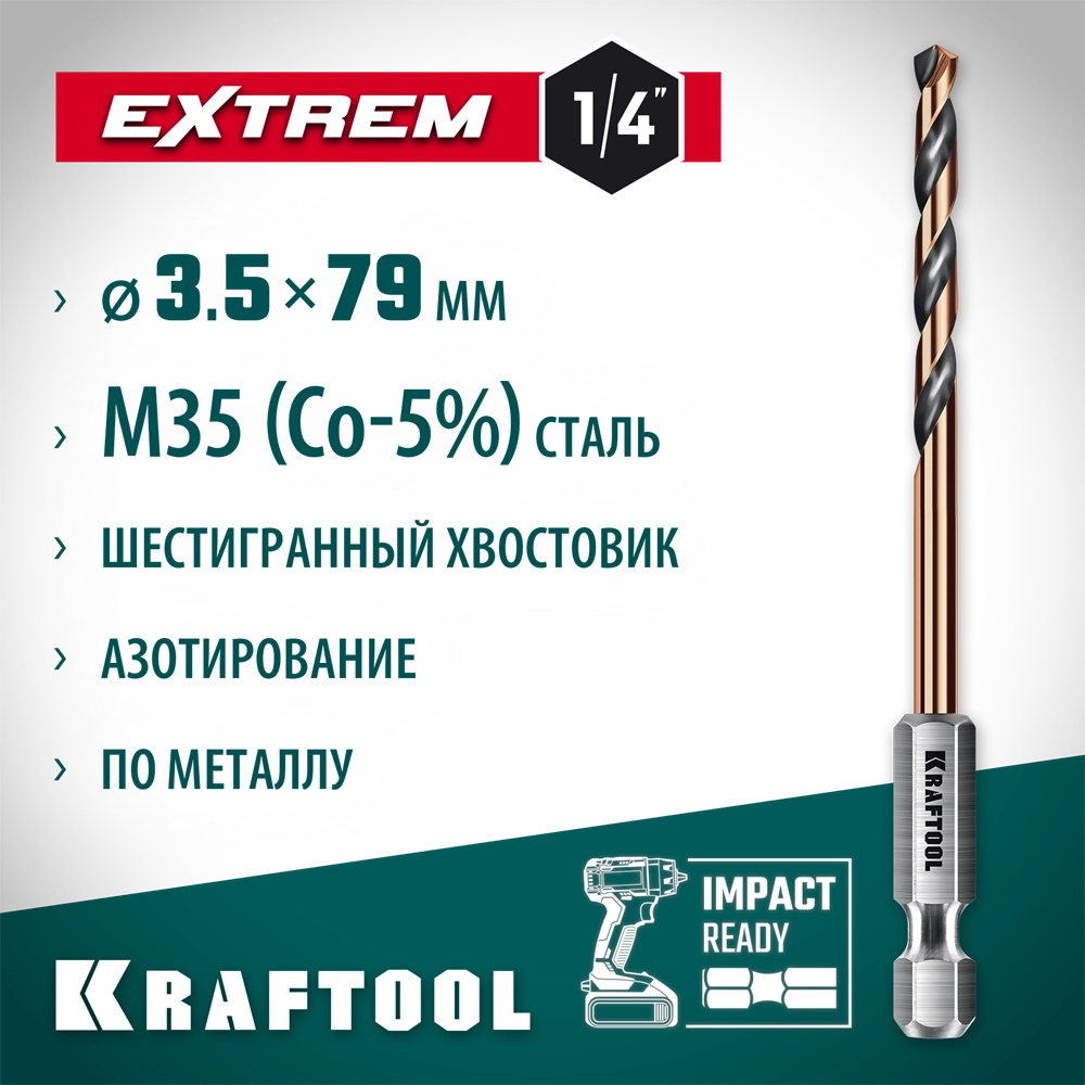 KRAFTOOL НЕХ-1/4″, d 3.5 х 79 мм, сверло по металлу для винтовёртов и шуруповертов IMPACT READY (29652-3.5) zb  29652-3.5